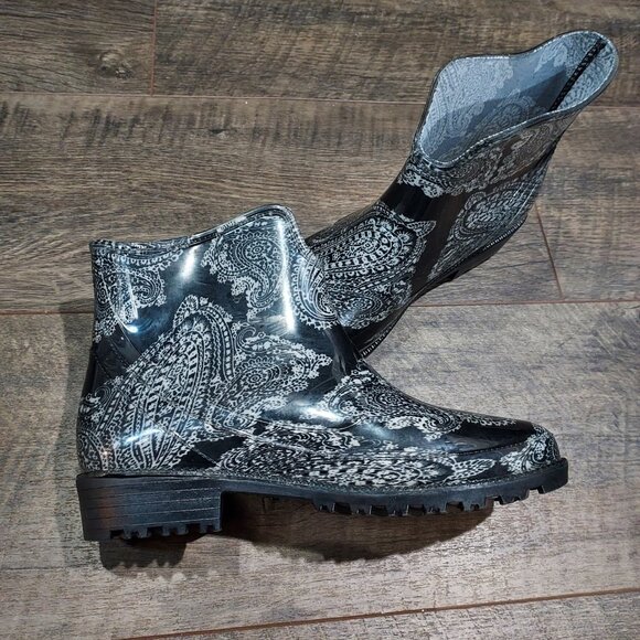Boots Rain Garden Slip On Rubber Paisley Ankle Women 8 XL 39 - Picture 9 of 12